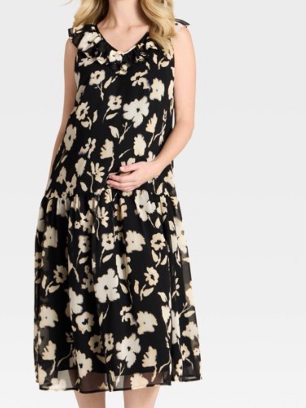 Maternity Ingrid & Isabel Black and Cream Floral Ruffle-Trim Midi Dress